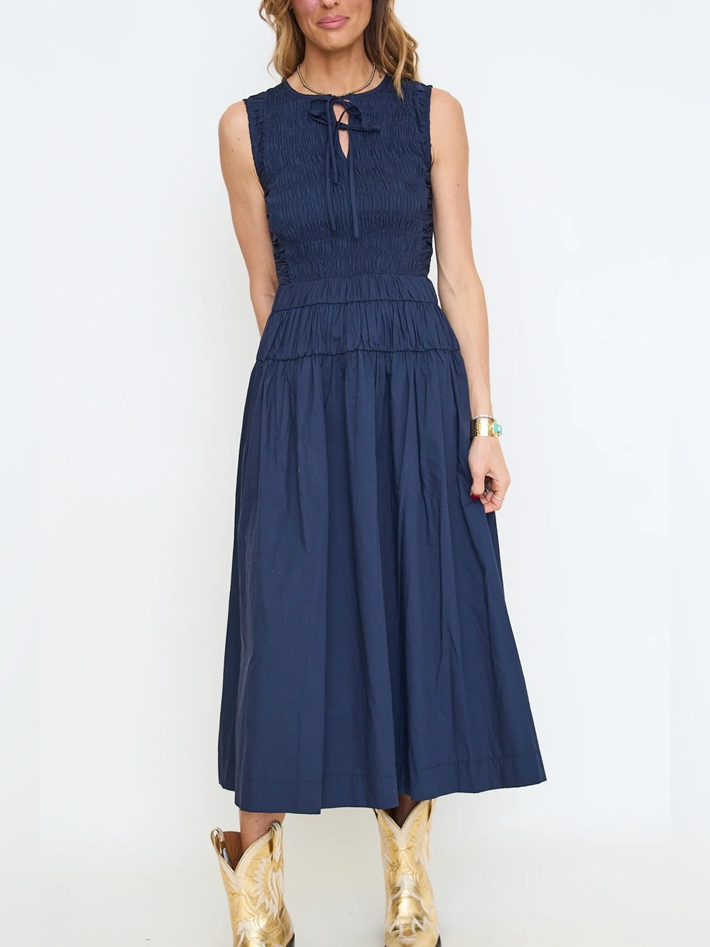 New Tuckernuck Moon River Navy Shirred Waist Midi Dress - size xsmall